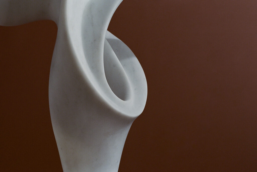 Abstract close up photograph of Velo, an abstract white marble sculpture. The image features a deep folded curve in the marble. 